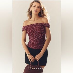 Maeve Anthropologie Off-Shoulder Mesh Top M Burgundy Pink Script NWT